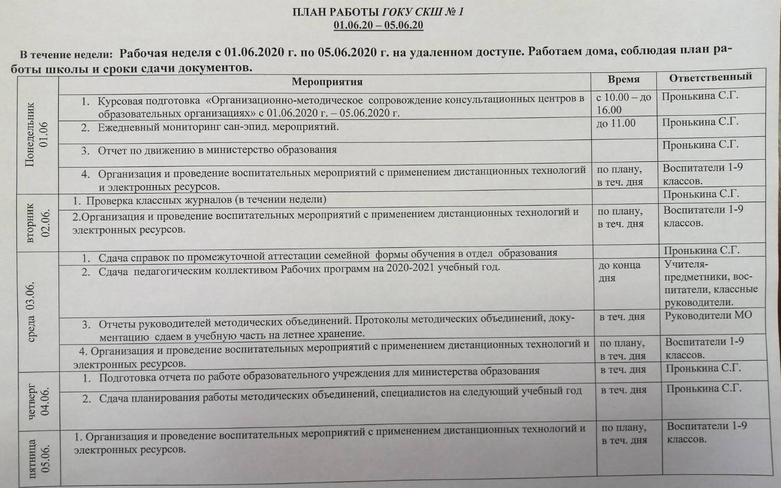 План работы на неделю 01.06-05.06.2020 г.